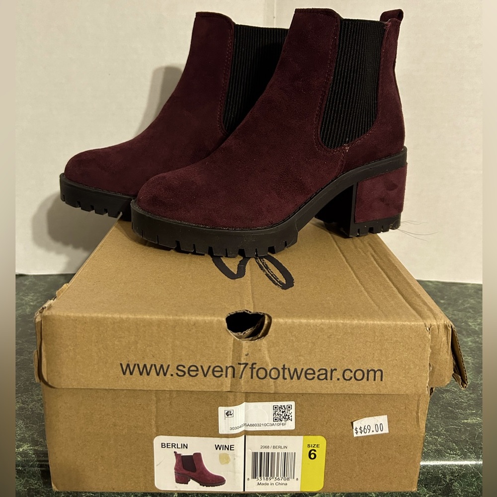 Seven7 Women's Berlin Lug Sole Double Gore Ankle Boot Micro Suede Burgun…